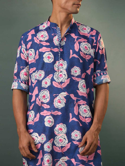 Vastramay Mens Navy Blue Floral Print Cotton Blend Kurta Pyjama Set