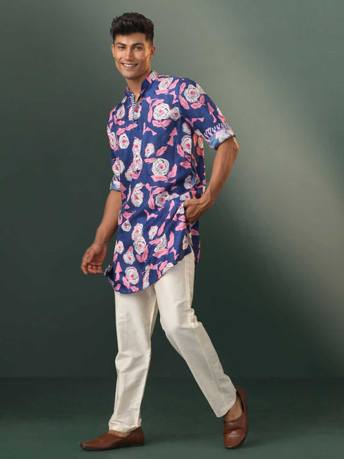 Vastramay Mens Navy Blue Floral Print Cotton Blend Kurta Pyjama Set