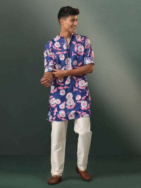 Vastramay Men's Navy Blue Floral Print Cotton Blend Kurta Pyjama Set