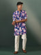 Vastramay Men's Navy Blue Floral Print Cotton Blend Kurta Pyjama Set