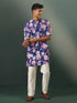 Vastramay Men's Navy Blue Floral Print Cotton Blend Kurta Pyjama Set
