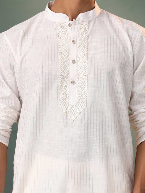 Vastramay Men's White Jacquard Cotton Kurta Pyjama Set