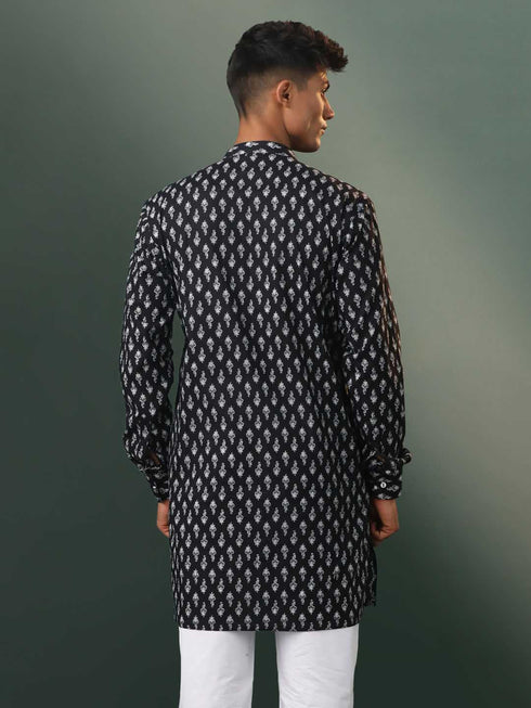 Vastramay Mens Black Printed Cotton Kurta Pyjama Set