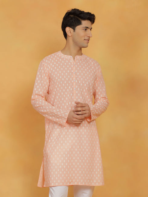 Vastramay Mens Peach Cotton Kurta