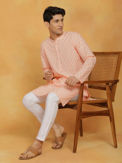 Vastramay Mens Peach Cotton Kurta