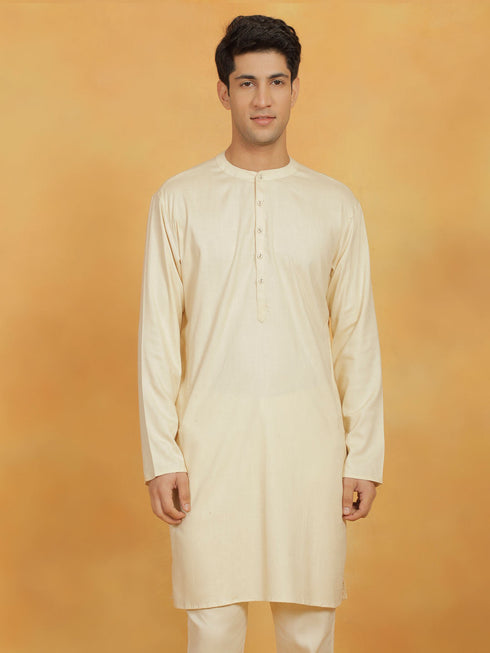 Vastramay Men's Cream Linen Cotton Kurta