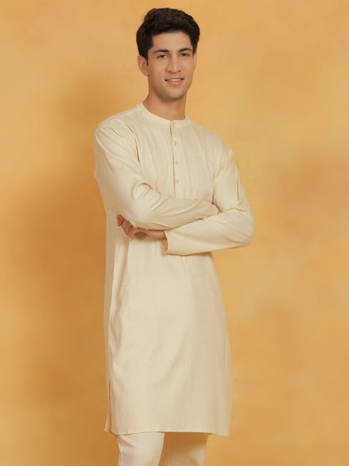 Vastramay Men's Cream Linen Cotton Kurta