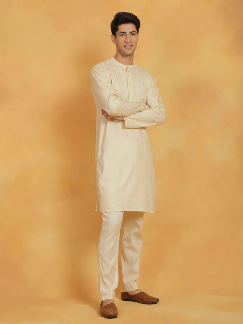 Vastramay Men's Cream Linen Cotton Kurta And Pyjama Set
