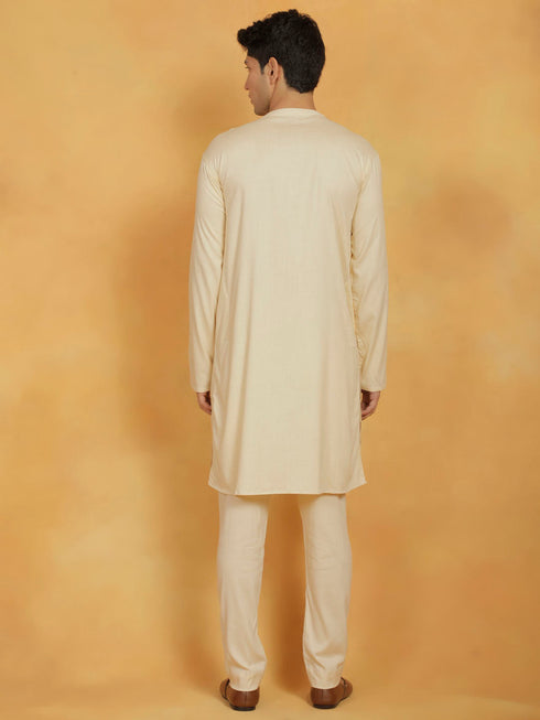 Vastramay Men's Cream Linen Cotton Kurta And Pyjama Set