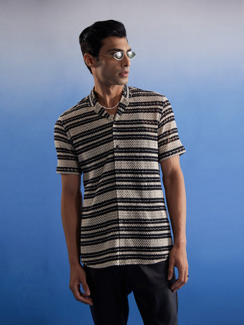 Vastramay Men's Beige And Black Knitted Shirt