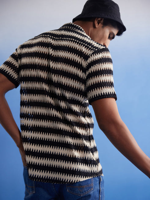Vastramay Men's Beige And Black Knitted Shirt