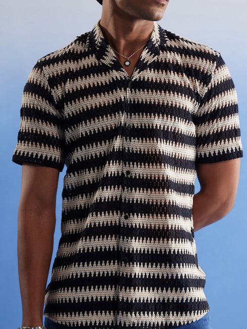 Vastramay Men's Beige And Black Knitted Shirt