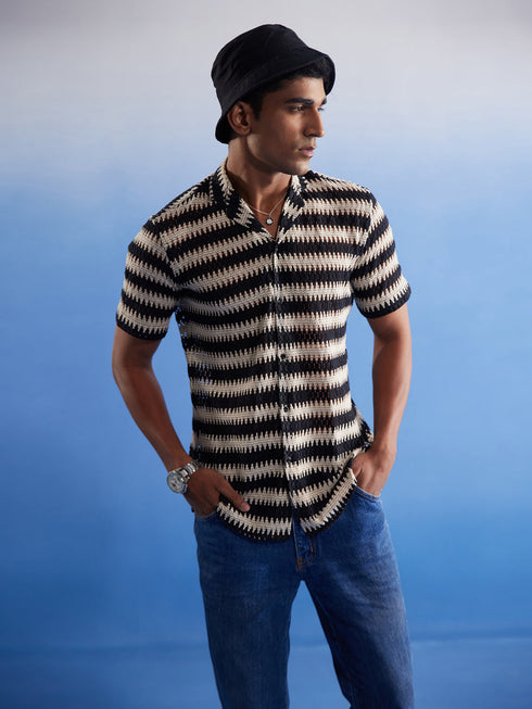 Vastramay Men's Beige And Black Knitted Shirt