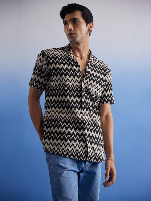 Vastramay Men's Beige And Black Knitted Shirt