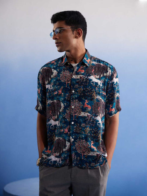 Vastramay Men's Turquoise Printed Cotton Blend Shirt