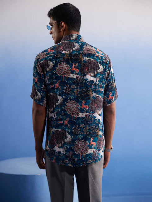 Vastramay Men's Turquoise Printed Cotton Blend Shirt