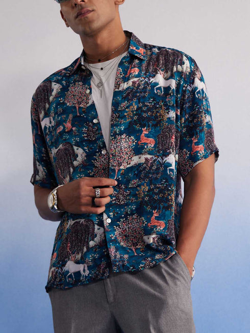 Vastramay Men's Turquoise Printed Cotton Blend Shirt