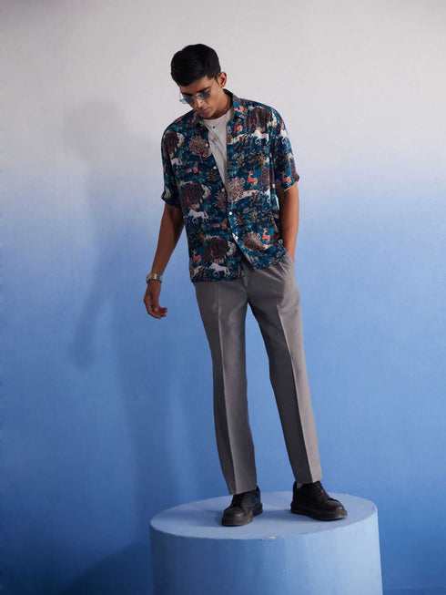 Vastramay Men's Turquoise Printed Cotton Blend Shirt