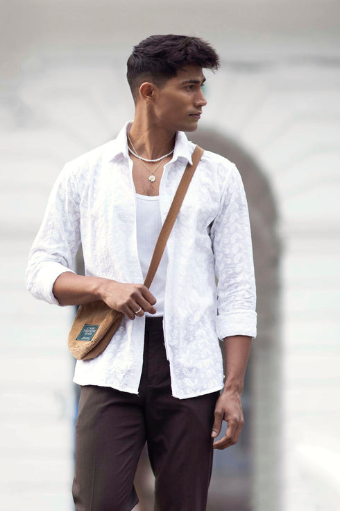 Vastramay Men's White Chikankari Cotton Shirt