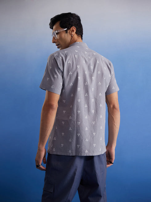 Vastramay Men's Grey Booti Jacquard Cotton Shirt