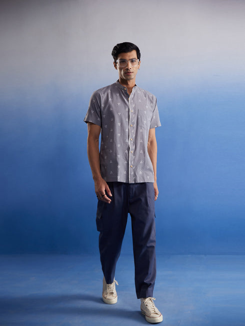 Vastramay Men's Grey Booti Jacquard Cotton Shirt