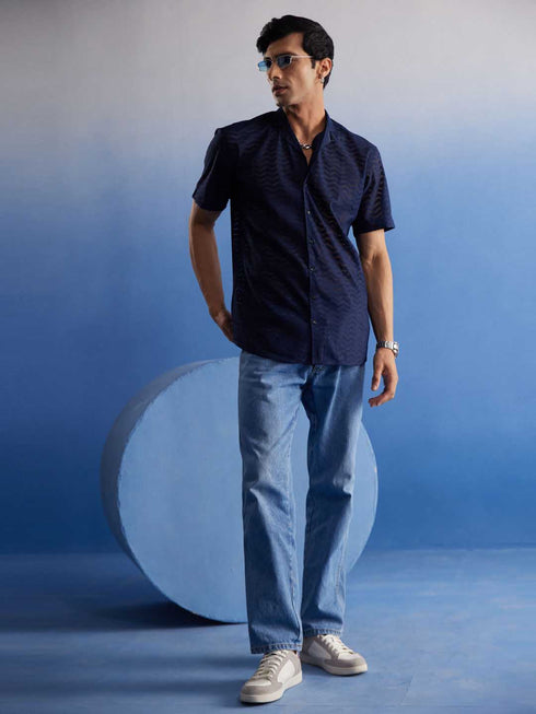 Vastramay Men's Navy Blue Net Shirt