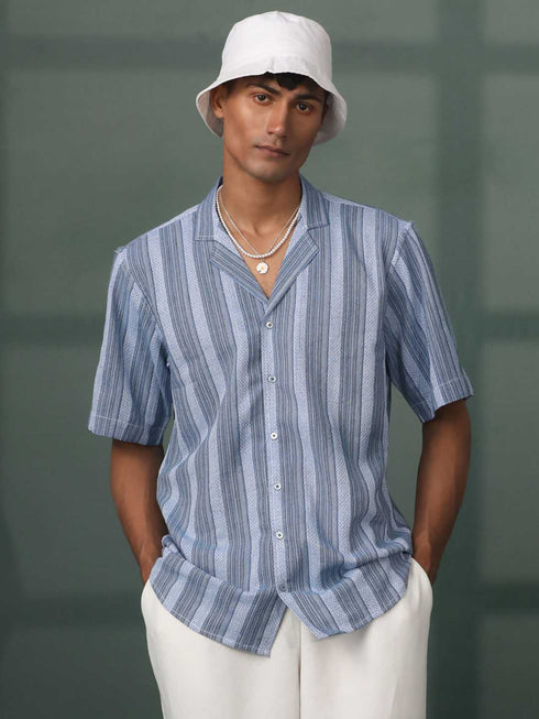 Vastramay Men's Blue Knitted Cotton Blend Stripes Shirt
