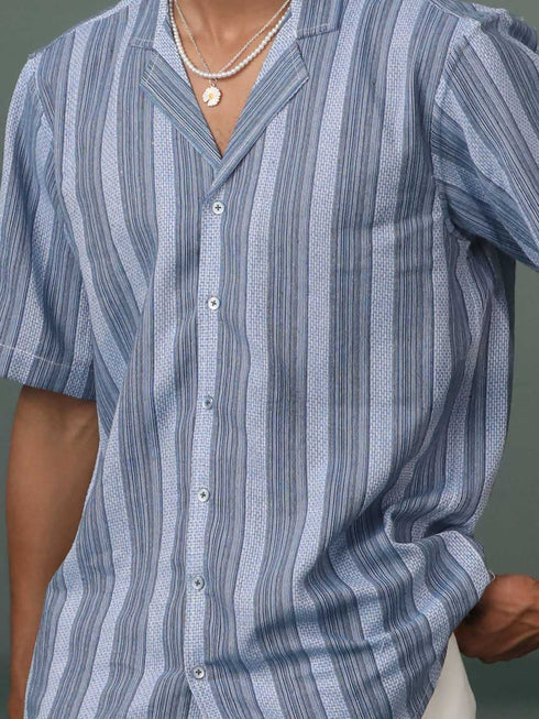 Vastramay Men's Blue Knitted Cotton Blend Stripes Shirt