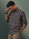 Vastramay Men's Black Fish Motif Printed Cotton Blend Stripes Shirt