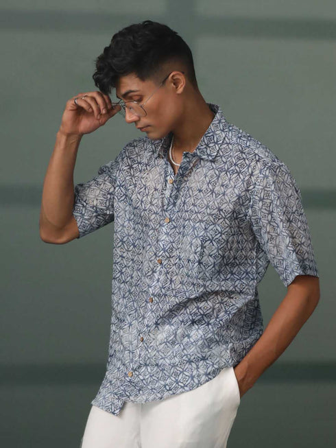Vastramay Men's Grey Cotton Blend Foil Printed Shirt