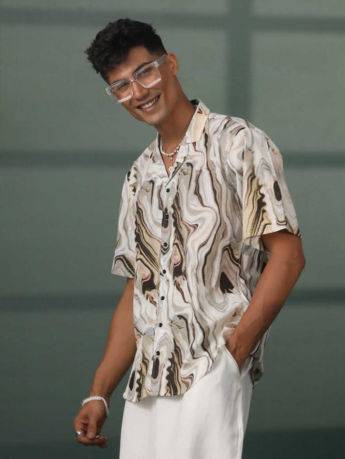 Vastramay Men's Multi-Color Base Cream Marble Print Cotton Shirt