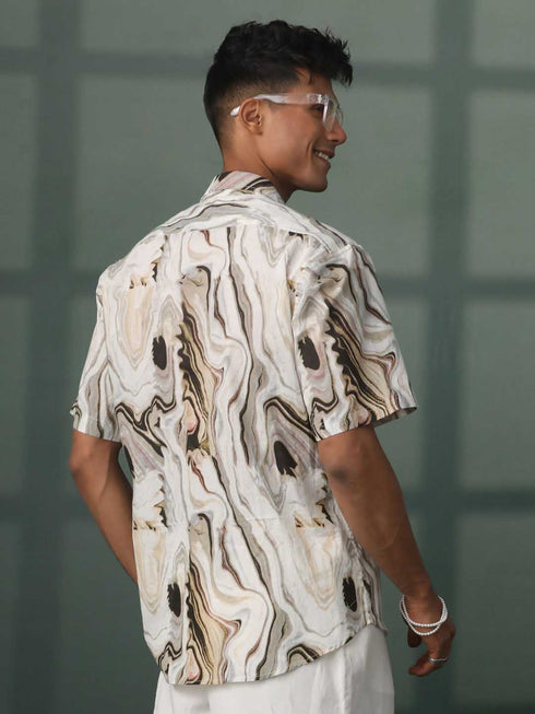 Vastramay Men's Multi-Color Base Cream Marble Print Cotton Shirt