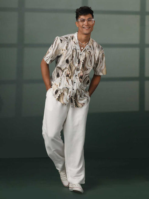 Vastramay Men's Multi-Color Base Cream Marble Print Cotton Shirt
