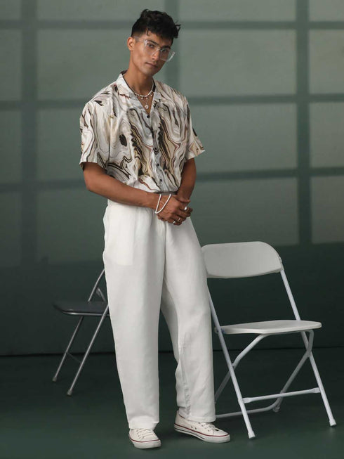 Vastramay Men's Multi-Color Base Cream Marble Print Cotton Shirt
