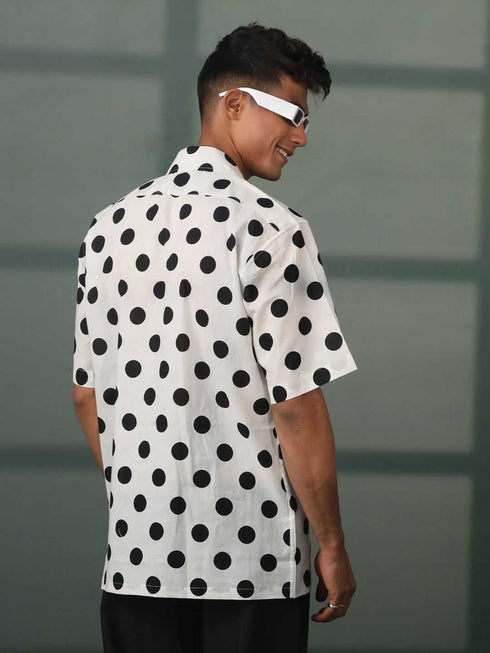 Vastramay Mens White And Black Polka Dot Print Cotton Shirt