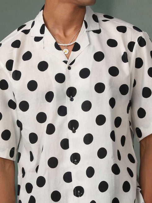 Vastramay Men's White And Black Polka Dot Print Cotton Shirt