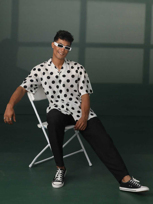 Vastramay Men's White And Black Polka Dot Print Cotton Shirt