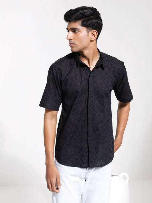 Vastramay Men's Black Cotton Ethnic Shirt