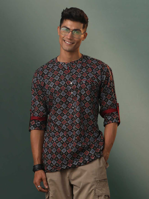 Vastramay Men's Multi Color Base Black Ajrakh Print Short Kurta