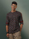Vastramay Men's Multi Color Base Black Ajrakh Print Short Kurta