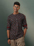Vastramay Men's Multi Color Base Black Ajrakh Print Short Kurta
