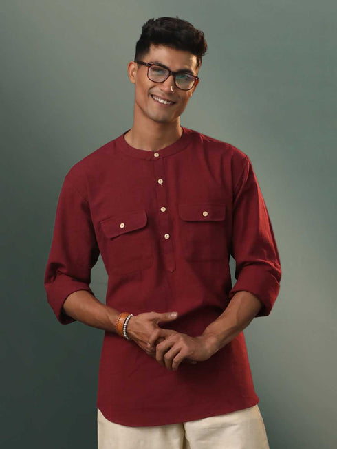 Vastramay Men's Maroon Cotton Cool Short Kurta