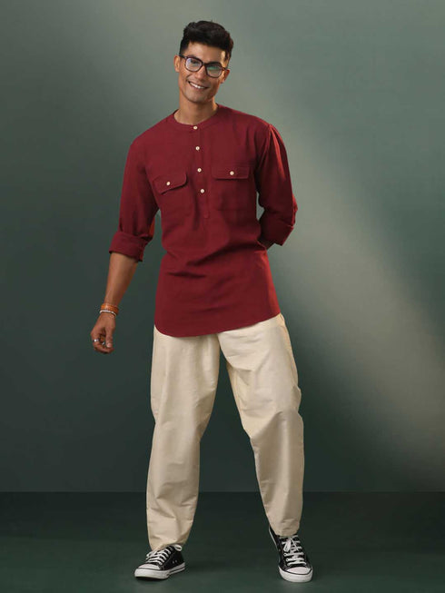 Vastramay Men's Maroon Cotton Cool Short Kurta