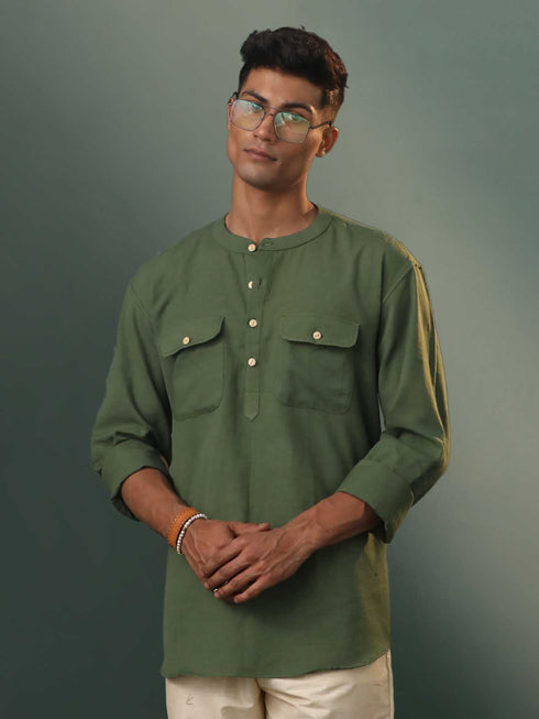 Vastramay Men's Green Cotton Cool Short Kurta