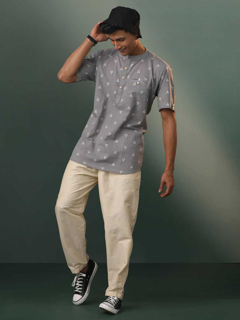 Vastramay Men's Grey Cotton Jacquard Short Kurta