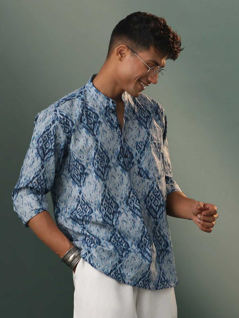 Vastramay Men's Blue And Grey Printed Cotton Shirt