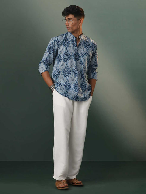 Vastramay Men's Blue And Grey Printed Cotton Shirt