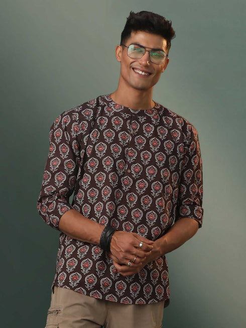 Vastramay Men's Coffee Brown Ajrakh print Short Kurta