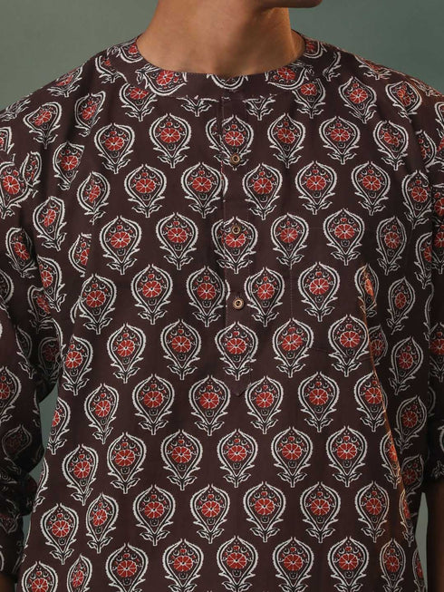 Vastramay Men's Coffee Brown Ajrakh print Short Kurta