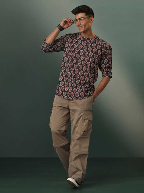 Vastramay Men's Coffee Brown Ajrakh print Short Kurta